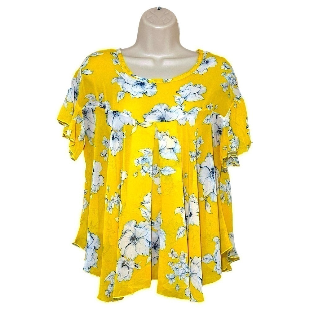RED LOLLY Flowing Scoop Neck Top in Yellow with White Flowers + Tulip Sleeves